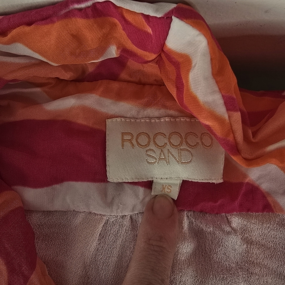 Rococo Sand Emily Mini Wrap Dress XS Tassels Ruffles Pink/Orange Swirl Print - Picture 13 of 16